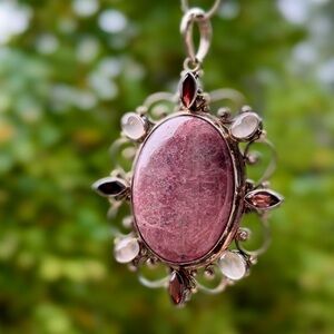 Pink Rhodonite Cabochon Sterling Silver Pendant w Garnet + Moonstone Necklace